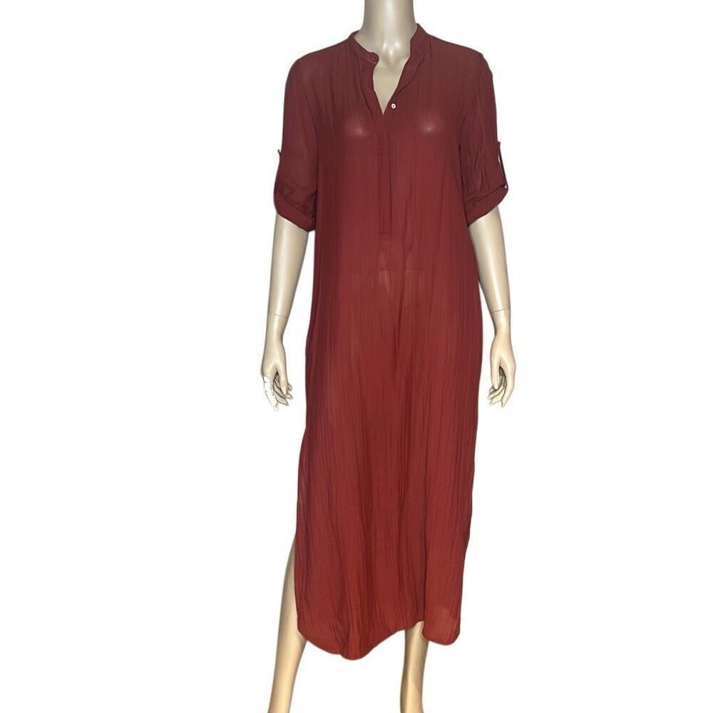 ZARA BASIC Burgundy  Sheer Crinkled Midi Shirt Dress Roll Tab Sleeve Size XS (03